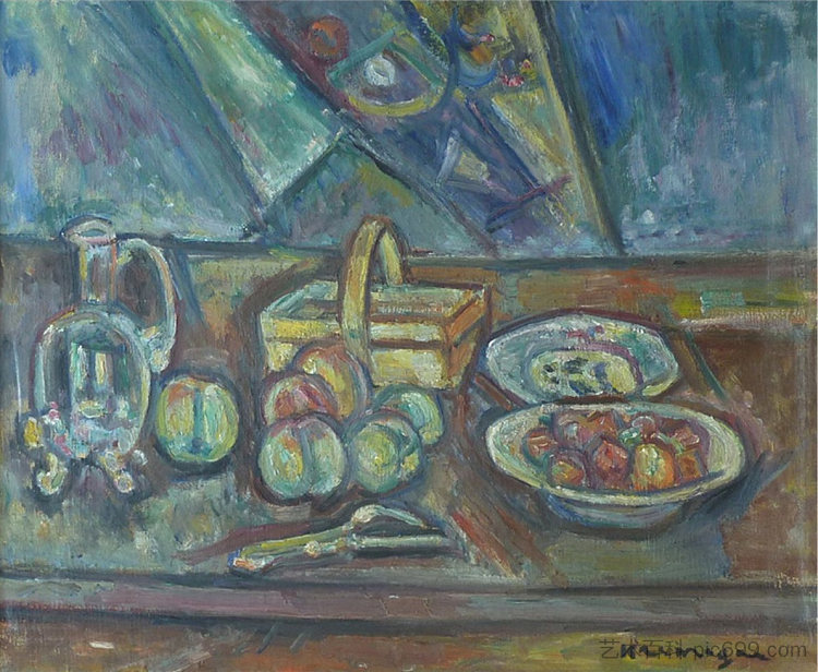 静物与篮子，水壶和水果 Still Life with Basket, Jug and Fruits (c.1948)，平奇斯·克里梅加涅