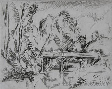 阿布拉姆采沃。桥。为画作“阿布拉姆采沃的桥”绘制。 Abramtsevo. The bridge. Drawing for the painting 'Bridge in Abramtsevo'. (1911),孔科洛夫茨基