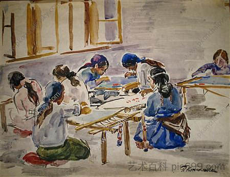 巴赫奇萨赖。绣花地毯合作社。 Bakhchisarai. Embroidery carpet cooperative. (1930)，孔科洛夫茨基