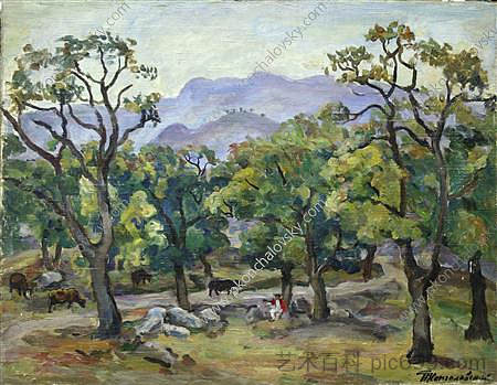 克里米亚。晚间风景（耶拉）。 Crimea. Evening Landscape (Yayla). (1930)，孔科洛夫茨基