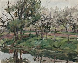 灰色的一天。池塘边盛开的苹果树。 Grey day. Blossoming apple trees by the pond. (1937)，孔科洛夫茨基