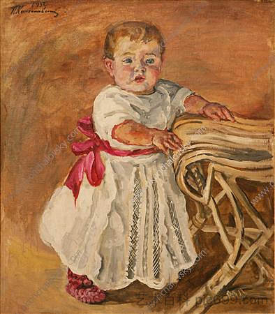 卡佳坐在椅子上 Katya at a chair (1932)，孔科洛夫茨基