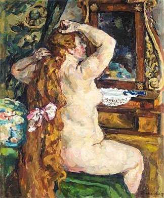 镜子边红头发的模特 Model with red hair by the mirror (1928)，孔科洛夫茨基