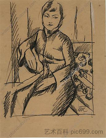 一位女士的肖像。为安娜·埃米列夫娜·冈茨的肖像绘制。 Portrait of a Lady. Drawing for the portrait of of Anna Emilevna Goncz. (1918),孔科洛夫茨基