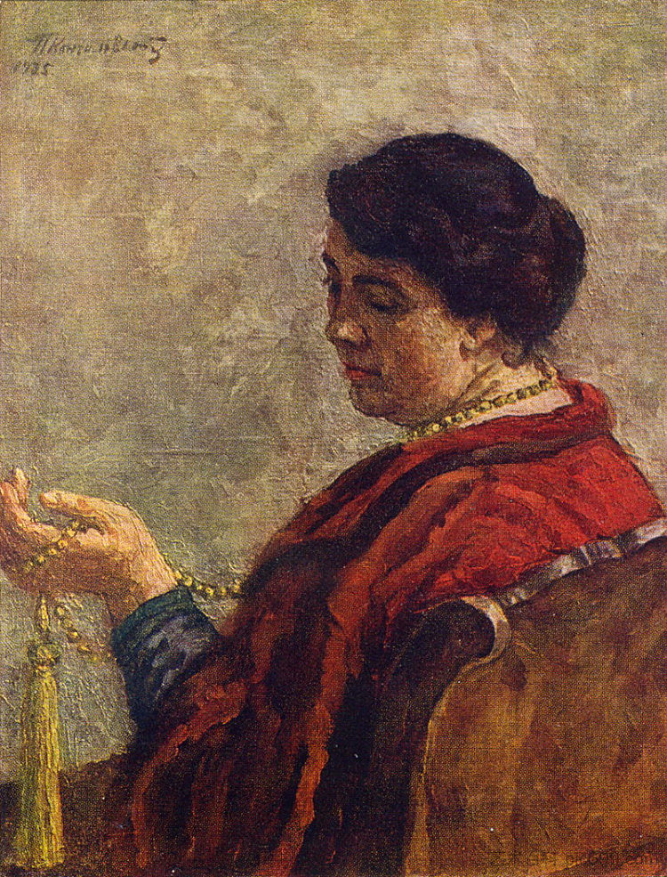 艺术家的妻子奥尔加·康恰洛夫斯基的肖像（带有红色珠子） Portrait of Olga Konchalovsky, the artist's wife (with red beads) (1925)，孔科洛夫茨基