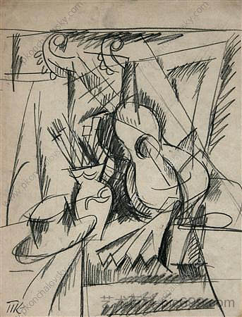 用吉他勾勒静物 Sketch a still life with guitar (1917)，孔科洛夫茨基