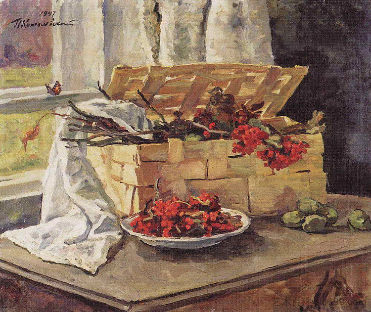 静物画。用灰烬篮子。 Still Life. Basket with ash. (1947)，孔科洛夫茨基