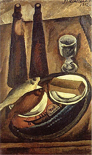 静物画。啤酒和蟑螂。 Still Life. Beer and roach. (1912)，孔科洛夫茨基