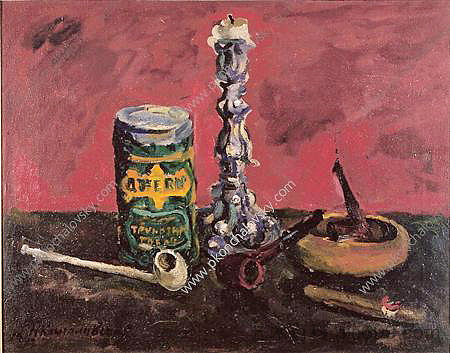 静物画。烛台和红色背景上的管子。 Still Life. Candlestick and the tube on a red background. (1947),孔科洛夫茨基