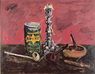 静物画。烛台和红色背景上的管子。 Still Life. Candlestick and the tube on a red background. (1947)，孔科洛夫茨基