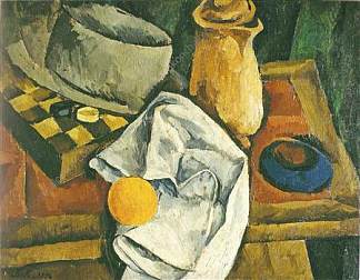 静物画。跳棋和橙子。 Still Life. Checkers and oranges. (1916)，孔科洛夫茨基