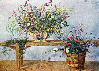静物画。长凳上的花。 Still Life. Flowers on the bench. (1954)，孔科洛夫茨基