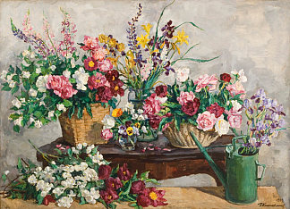 静物画。桌子上有四束花和喷壶。 Still Life. Four bouquets on the table and watering can. (1939)，孔科洛夫茨基