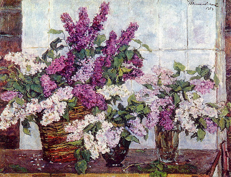 静物画。丁香，水晶花瓶和一个篮子。 Still Life. Lilac, crystal vase and a basket. (1954)，孔科洛夫茨基