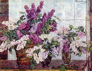 静物画。丁香，水晶花瓶和一个篮子。 Still Life. Lilac, crystal vase and a basket. (1954)，孔科洛夫茨基