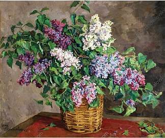 静物画。篮子里的丁香花。 Still Life. Lilacs in a basket. (1944)，孔科洛夫茨基