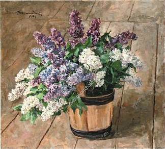 静物画。丁香花放在地板上的水桶里。 Still Life. Lilacs in a bucket on the floor. (1948)，孔科洛夫茨基