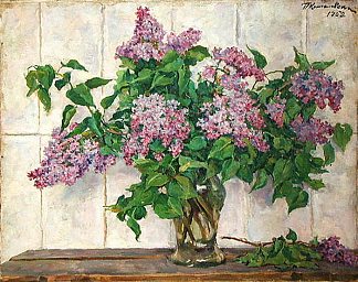 静物画。丁香花放在玻璃罐里，靠着炉子。 Still Life. Lilacs in a glass jar against the stove. (1952)，孔科洛夫茨基