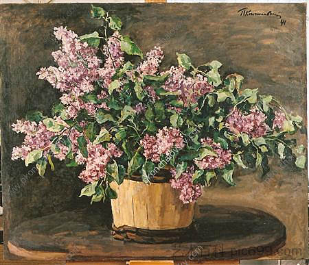 静物画。浴缸里的丁香花。 Still Life. Lilacs in a tub. (1941)，孔科洛夫茨基