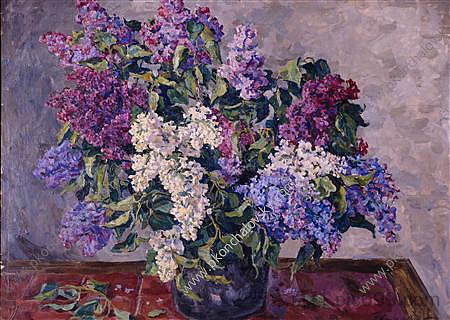 静物画。桶里的丁香花。 Still Life. Lilacs in the bucket. (1943)，孔科洛夫茨基