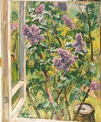 静物画。窗外的丁香花。 Still Life. Lilacs in the window. (1940)，孔科洛夫茨基