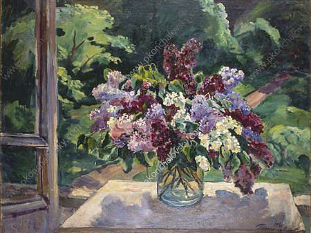 静物画。窗上的丁香花。 Still Life. Lilacs on the window. (1935)，孔科洛夫茨基