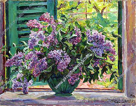 静物画。窗上的丁香花。 Still Life. Lilacs on the window. (1946)，孔科洛夫茨基