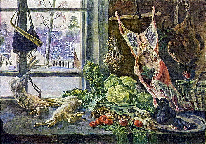 静物画。肉、家禽和抱子甘蓝靠在窗户上。 Still Life. Meat, poultry and brussels sprouts against the window. (1937),孔科洛夫茨基