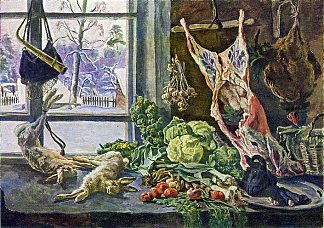 静物画。肉、家禽和抱子甘蓝靠在窗户上。 Still Life. Meat, poultry and brussels sprouts against the window. (1937)，孔科洛夫茨基