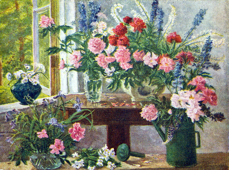 静物画。牡丹和馒鸲。 Still Life. Peonies and delphinium. (1953)，孔科洛夫茨基