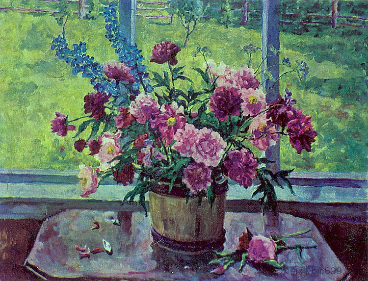 静物画。窗边的牡丹。 Still Life. Peonies at the window. (1948)，孔科洛夫茨基