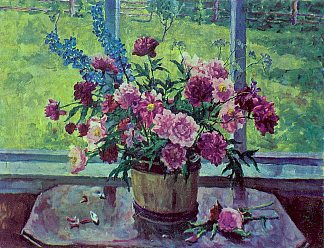 静物画。窗边的牡丹。 Still Life. Peonies at the window. (1948)，孔科洛夫茨基