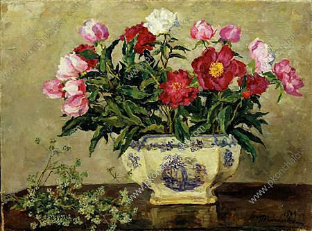 静物画。瓷瓶里的牡丹。 Still Life. Peonies in a porcelain vase. (1949)，孔科洛夫茨基