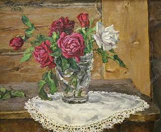 静物画。黄色背景上的玫瑰。 Still Life. Roses on a yellow background. (1953)，孔科洛夫茨基