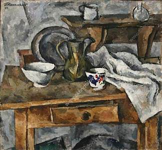 静物画。桌子上有盘子。 Still Life. Table with the dishes. (1919)，孔科洛夫茨基