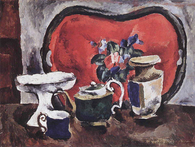 带红色托盘的静物 Still Life with a red tray (1910)，孔科洛夫茨基