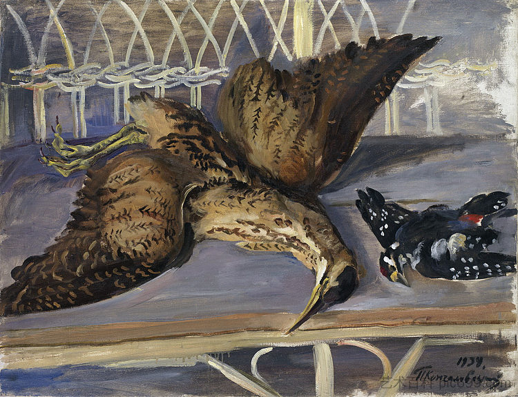 静物与卤水和啄木鸟 Still Life with Bittern and Woodpecker (1934)，孔科洛夫茨基