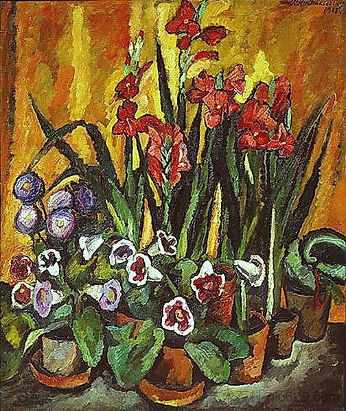 静物与红色剑兰 Still life with red gladioli (1915)，孔科洛夫茨基