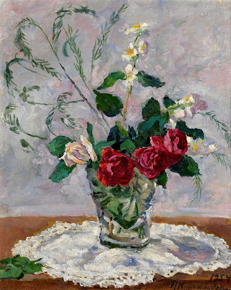 玫瑰、茉莉花和芦笋静物 Still life with roses, jasmine and asparagus (1954)，孔科洛夫茨基