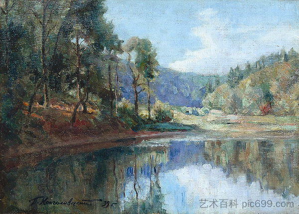 傍晚。带湖的景观。 The evening. Landscape with a lake. (1939)，孔科洛夫茨基