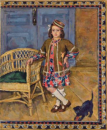 穿着高加索衣服的女孩和一只猫（玛格特） The girl in the Caucasus dress with a cat (Margot) (1948)，孔科洛夫茨基