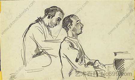 意大利钢琴家卡洛·策基(Carlo Tsekki)在钢琴前的两幅素描为肖像 Two sketches of Italian pianist Carlo Tsekki at the piano for a portrait (1930),孔科洛夫茨基
