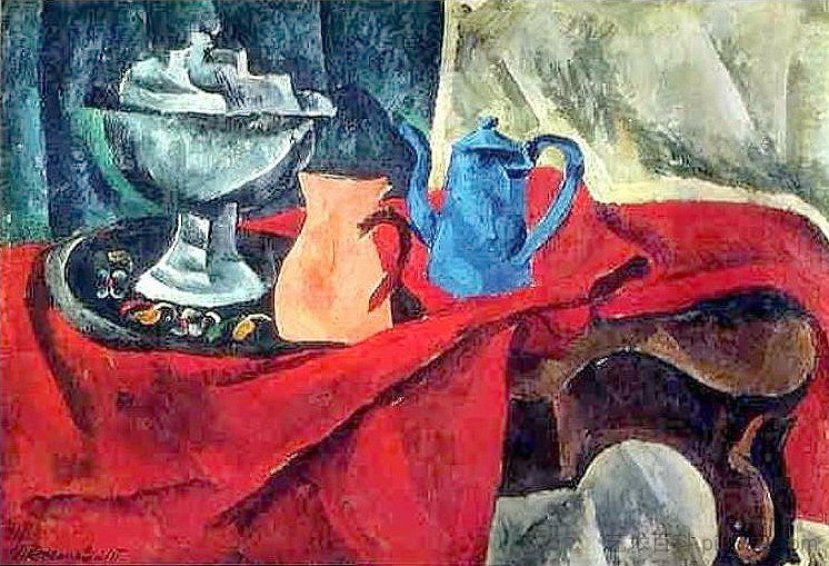 红色桌布上的容器 Vessels on the red tablecloth (1916)，孔科洛夫茨基