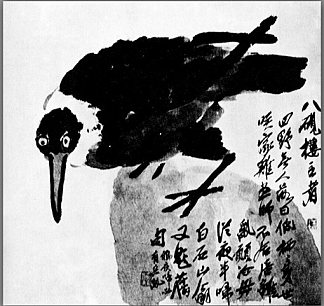 一只白脖子的鸟 A bird with a white neck (1928)，齐白石