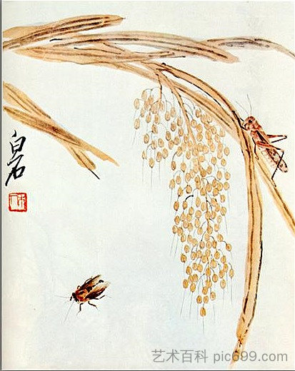 搅拌米饭和蚱蜢 Whisk rice and grasshoppers (1942)，齐白石