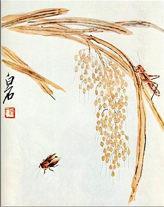 搅拌米饭和蚱蜢 Whisk rice and grasshoppers (1942)，齐白石