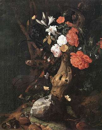 树干周围的花朵，池塘附近的昆虫和其他动物 Flowers Around a Tree Trunk, with Insects and Other Animals near a Pond (1686)，雷切尔·鲁伊希