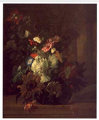 栏杆上的玻璃花瓶中的花朵与Colunnade一起 Flowers in a Glass Vase on a Balustrade with Colunnade (1689)，雷切尔·鲁伊希