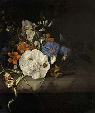 在大理石板上喷洒昆虫和蝴蝶的花朵 Spray of Flowers with Insects and Butterflies on a Marble Slab (1690)，雷切尔·鲁伊希