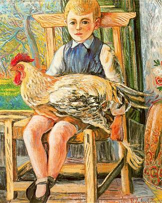 男孩坐在腿上，腿上放着一只母鸡 Boy sitting with a hen on his lap (1943)，拉斐尔·萨巴莱塔